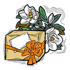 Present box with ribbon bow decorated with flowers for birthday gift, sale promotion, valentines or mothers day card, poster print. Hand drawn cartoon style illustration. Line drawing.