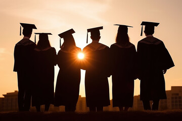 A group of graduates standing in front of the sun created with Generative AI technology