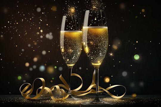 Two glasses of champagne, toasting at night with bokeh lights, sparkles and sparks in the background.pleasant festive atmosphere. generative AI
