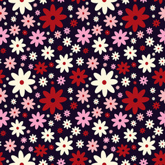 Blue pink Creative vibrant quirky Retro floral pattern in 60s in bright juicy colors