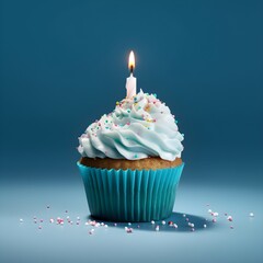 Cupcake with blue icing and sprinkles and birthday candle