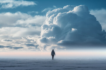 A man walks through endless snow against a backdrop of beautiful clouds