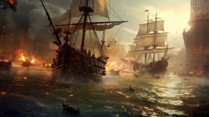 Intense naval battle scene between rival pirate ships, with cannons firing, sails billowing, and pirates swinging from ropes in a clash for supremacy