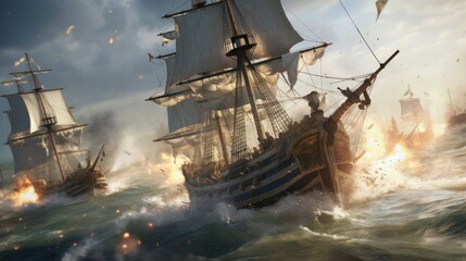 Obraz premium Intense naval battle scene between rival pirate ships, with cannons firing, sails billowing, and pirates swinging from ropes in a clash for supremacy