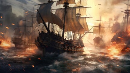 Obraz premium Intense naval battle scene between rival pirate ships, with cannons firing, sails billowing, and pirates swinging from ropes in a clash for supremacy