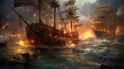 Obraz premium Intense naval battle scene between rival pirate ships, with cannons firing, sails billowing, and pirates swinging from ropes in a clash for supremacy