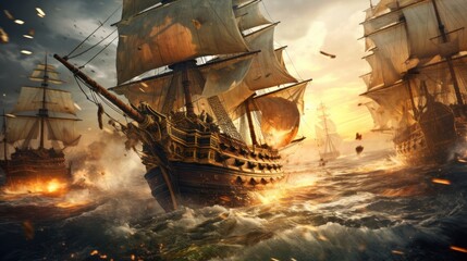 Obraz premium Intense naval battle scene between rival pirate ships, with cannons firing, sails billowing, and pirates swinging from ropes in a clash for supremacy