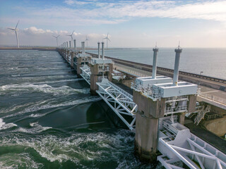 This aerial drone photo shows the Eastern Scheldt storm surge barrier in Zeeland, the Netherlands....