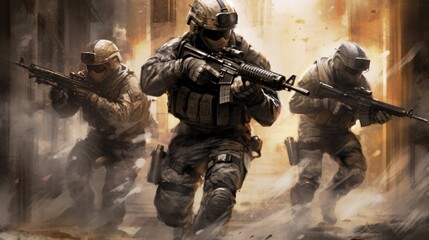 Team of elite special forces soldiers executing a covert mission behind enemy lines, showcasing their tactical skills, advanced weaponry, and stealthy maneuvers