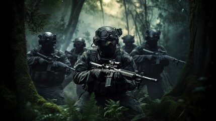 Fototapeta premium Team of elite special forces soldiers executing a covert mission behind enemy lines, showcasing their tactical skills, advanced weaponry, and stealthy maneuvers