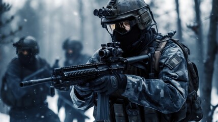 Team of elite special forces soldiers executing a covert mission behind enemy lines, showcasing their tactical skills, advanced weaponry, and stealthy maneuvers
