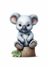 Cute koala sitting on a tree stump cartoon isolated on white background illustration animation
