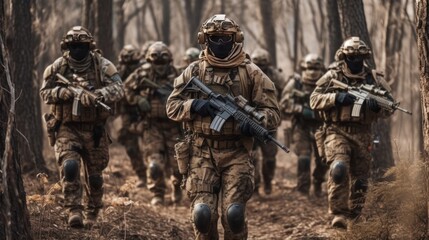 Fototapeta premium Team of elite special forces soldiers executing a covert mission behind enemy lines, showcasing their tactical skills, advanced weaponry, and stealthy maneuvers