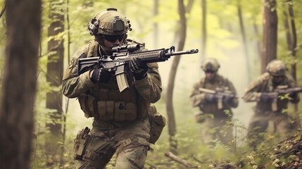 Fototapeta premium Team of elite special forces soldiers executing a covert mission behind enemy lines, showcasing their tactical skills, advanced weaponry, and stealthy maneuvers