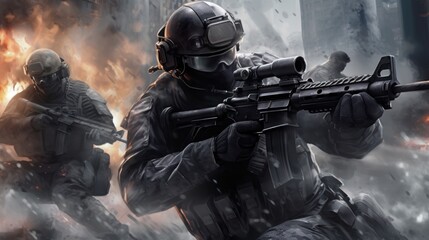 Fototapeta premium Team of elite special forces soldiers executing a covert mission behind enemy lines, showcasing their tactical skills, advanced weaponry, and stealthy maneuvers