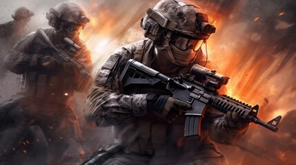 Team of elite special forces soldiers executing a covert mission behind enemy lines, showcasing their tactical skills, advanced weaponry, and stealthy maneuvers