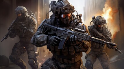 Obraz premium Team of elite special forces soldiers executing a covert mission behind enemy lines, showcasing their tactical skills, advanced weaponry, and stealthy maneuvers