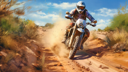 Fototapeta na wymiar Moto racer on the motocross motorcycle riding on high speed at the dirt road. Generative art