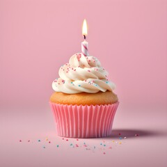 Cupcake with pink icing and sprinkles with one lit birthday candle