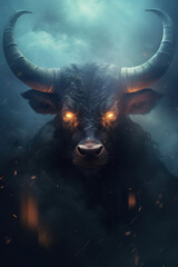 Gorgeous black taurus with burning eyes in the clouds of smoke and bright fire sparks. Stunning photoreal fine art generated by Ai. Is not based on any specific real image or character