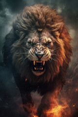 Grin of the angry lion in the clouds of smoke. Stunning photoreal fine art generated by Ai. Is not based on any specific real image or character