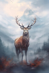 Gorgeous deer in the morning fog. Stunning photoreal fine art generated by Ai. Is not based on any specific real image or character