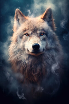 Gorgeous wolf in the clouds of smoke. Stunning photoreal fine art generated by Ai. Is not based on any specific real image or character