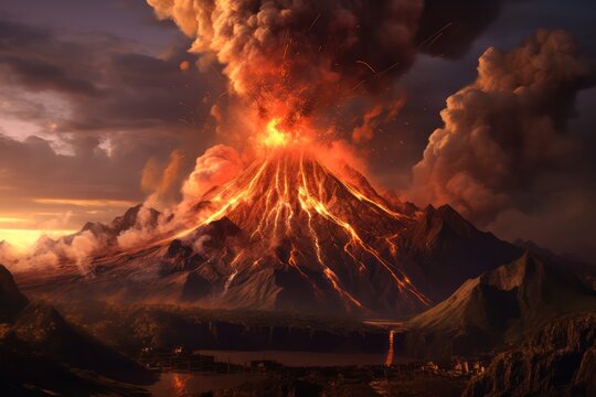 there was a powerful volcanic eruption at night with the release of ash and lava. Generative AI