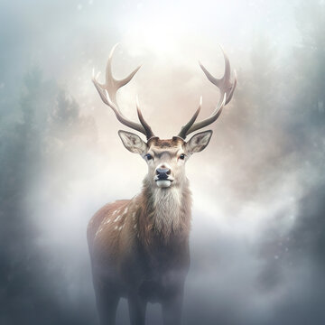 Gorgeous deer in the morning fog. Stunning photoreal fine art generated by Ai. Is not based on any specific real image or character