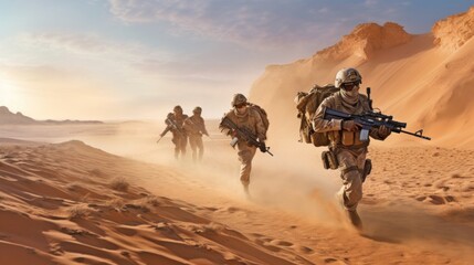 Squad of soldiers conducting a desert patrol, navigating vast sand dunes, rugged terrain, and harsh weather conditions in a hostile environment