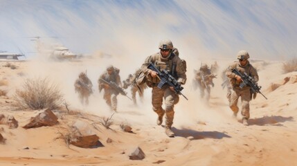 Squad of soldiers conducting a desert patrol, navigating vast sand dunes, rugged terrain, and harsh weather conditions in a hostile environment