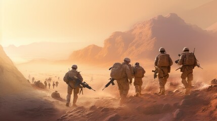 Fototapeta premium Squad of soldiers conducting a desert patrol, navigating vast sand dunes, rugged terrain, and harsh weather conditions in a hostile environment