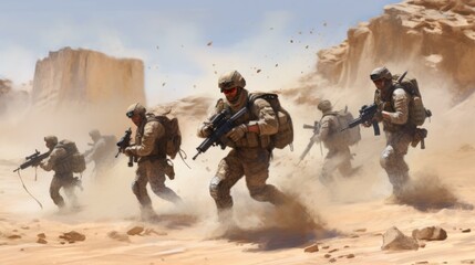 Squad of soldiers conducting a desert patrol, navigating vast sand dunes, rugged terrain, and harsh weather conditions in a hostile environment