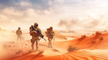 Squad of soldiers conducting a desert patrol, navigating vast sand dunes, rugged terrain, and harsh weather conditions in a hostile environment