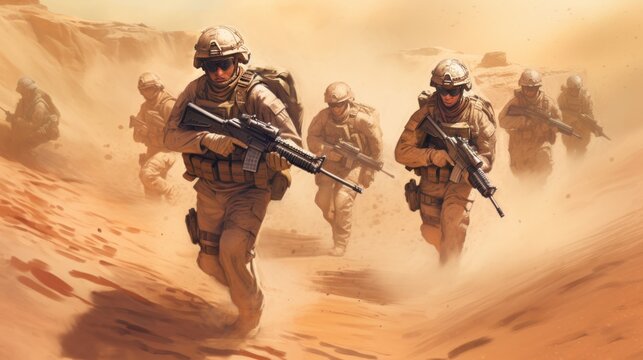 Squad of soldiers conducting a desert patrol, navigating vast sand dunes, rugged terrain, and harsh weather conditions in a hostile environment