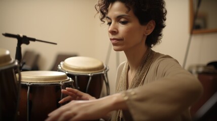 Music Therapist Female Hispanic Mature Using music to help clients manage physical, emotional, and mental issues in Therapy room. Generative AI AIG22.