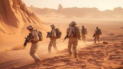 Fototapeta na wymiar Squad of soldiers conducting a desert patrol, navigating vast sand dunes, rugged terrain, and harsh weather conditions in a hostile environment