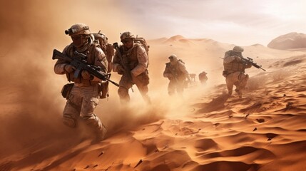 Squad of soldiers conducting a desert patrol, navigating vast sand dunes, rugged terrain, and harsh weather conditions in a hostile environment