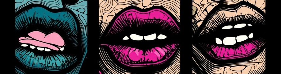 art woman lips female kiss abstract mouth poster illustration vintage lipstick. Generative AI.