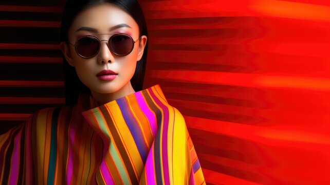 Fototapeta Young female model posing with trendy fashion outfit and colorful vibrant orange optical art abstract background. Picturesque generative AI
