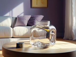 Large, geometric, empty, glass jar on the table against the backdrop of a modern living room interior. KI.