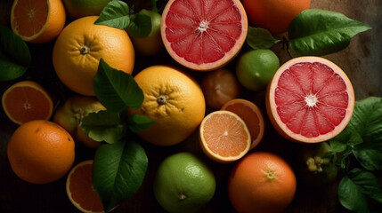 Sliced citrus fruits on the table. Generative AI
