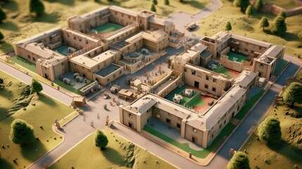 Fototapeta premium Fortified military base, complete with barracks, command centers, and defensive structures, portraying the organized and strategic nature of military operations