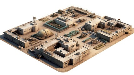Fortified military base, complete with barracks, command centers, and defensive structures, portraying the organized and strategic nature of military operations - obrazy, fototapety, plakaty