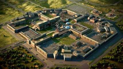Obraz premium Fortified military base, complete with barracks, command centers, and defensive structures, portraying the organized and strategic nature of military operations
