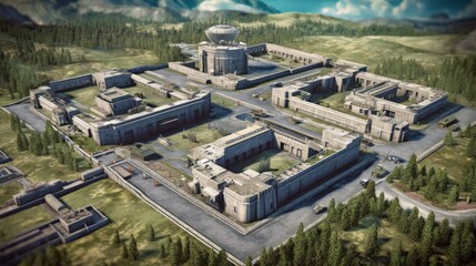 Obraz premium Fortified military base, complete with barracks, command centers, and defensive structures, portraying the organized and strategic nature of military operations
