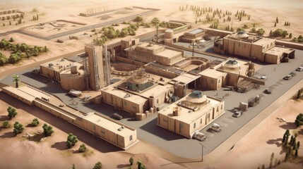 Fototapeta premium Fortified military base, complete with barracks, command centers, and defensive structures, portraying the organized and strategic nature of military operations