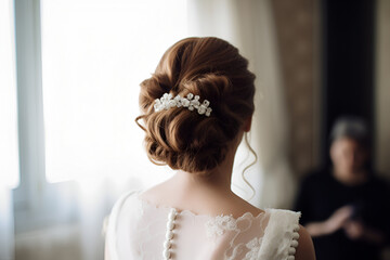 A Brown Hair Bride with Bun and Bridal Hair Clip Stands With Her Back, Wedding Hairstyle of European Women: AI Generated Image - obrazy, fototapety, plakaty