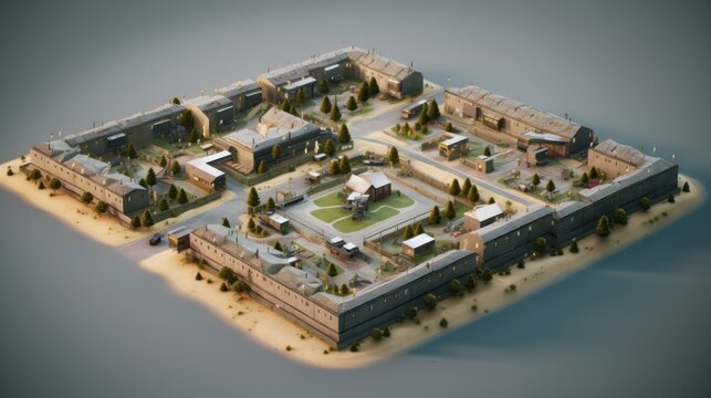 Fortified military base, complete with barracks, command centers, and defensive structures, portraying the organized and strategic nature of military operations