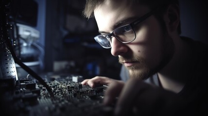 IT Specialist Male Caucasian Young Adult Fixing a computer in Office. Generative AI AIG22.